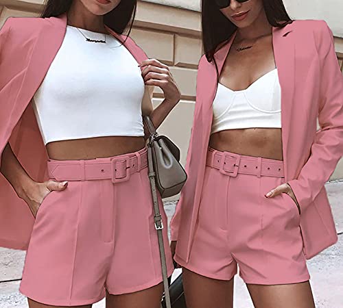 Blazer Shorts Set for Women 2 Piece Long Sleeve Open Front Blazers Short Suits Business Outfits with Belt