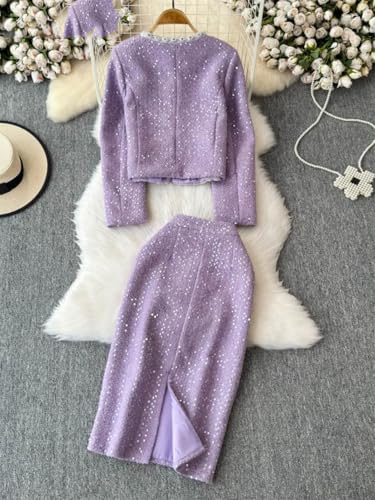 51lxd83xq8L.jpg Women's French Skirt Set Heavy Industry Beaded Sequined Temperament Coat Skirt Two-Piece Set