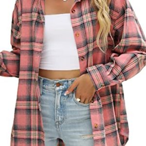 Womens Button Down Flannel Shirts Long Sleeve Plaid Shackets Business Casual Blouse Top