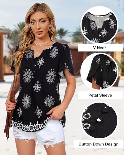 51mHCCkvVUL.jpg Womens Summer Tops Boho Short Sleeve Business Casual Blouses Button Down Floral Shirts Fashion Beach Vacation Clothes
