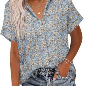 51nFsrr3CaL.jpg Linen Button Down Shirt Women Short Sleeve Cotton Blouses V Neck Collared Summer Beach Tops S-2XL
