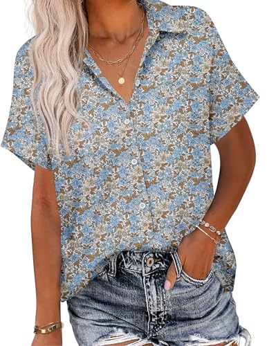 51nFsrr3CaL.jpg Linen Button Down Shirt Women Short Sleeve Cotton Blouses V Neck Collared Summer Beach Tops S-2XL
