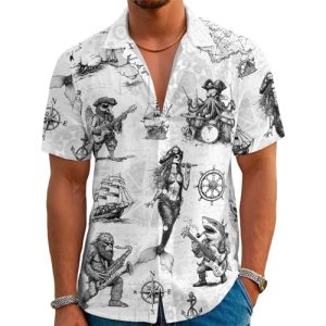 Funny Pirate Hawaiian Shirt Men's Aloha Shirt Summer Beach Vacation Short Sleeve Casual Button Down Shirt