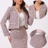 2 Piece Tweed Plaid Skirt Set for Women's Business Collarless Blazer and Mini Skirt Suit Sets
