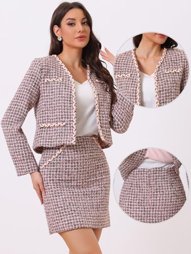 2 Piece Tweed Plaid Skirt Set for Women's Business Collarless Blazer and Mini Skirt Suit Sets