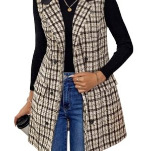 51p06Ujf8iL.jpg Womens Long Tweed Vest Fall Winter Sleeveless Blazer Jackets Trench Coat