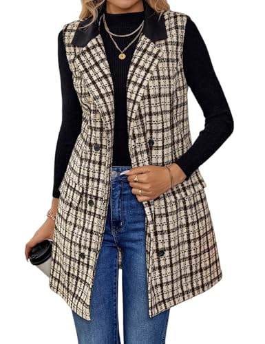 51p06Ujf8iL.jpg Womens Long Tweed Vest Fall Winter Sleeveless Blazer Jackets Trench Coat