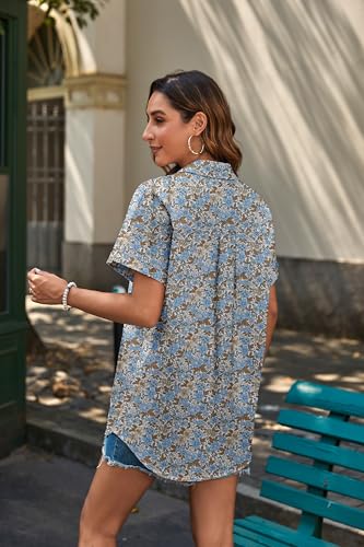 51qRciTdnLL.jpg Linen Button Down Shirt Women Short Sleeve Cotton Blouses V Neck Collared Summer Beach Tops S-2XL