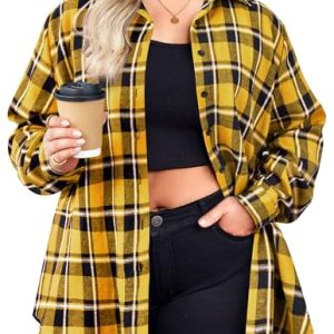 51rE1sCsTML.jpg Womens Plus Size Flannel Shirts Plaid Shirts Long Sleeves Casual Button Down Collared Shacket Tops