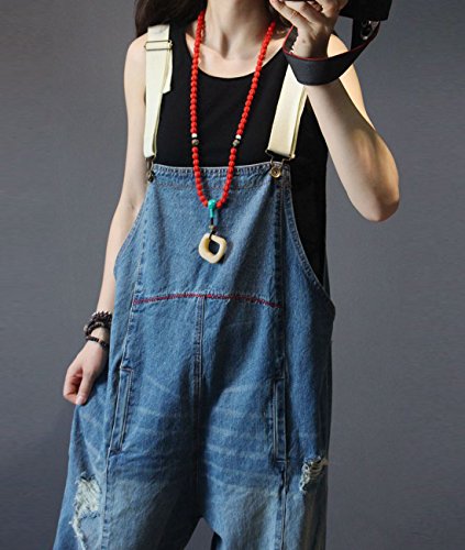 51rQ3Pl1tL.jpg Women Casual Loose Cropped Denim Jumpsuits Rompers Jeans Overalls Distressed Ripped Fringed/Pockets P49