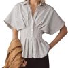 51sNhP1OhXL.jpg Striped Button Down Shirts for Women Short Sleeve Pleated Corset Blouse Casual Summer Peplum Dressy Tops