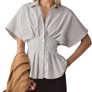 51sNhP1OhXL.jpg Striped Button Down Shirts for Women Short Sleeve Pleated Corset Blouse Casual Summer Peplum Dressy Tops