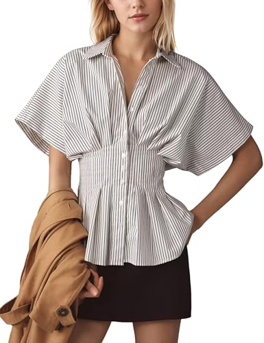 51sNhP1OhXL.jpg Striped Button Down Shirts for Women Short Sleeve Pleated Corset Blouse Casual Summer Peplum Dressy Tops