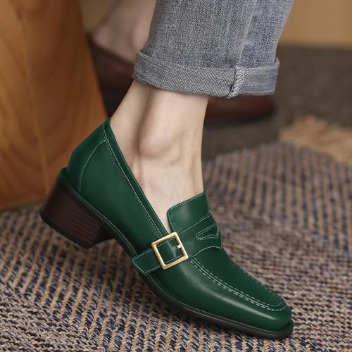 51sVQfbhRVL.jpg Women Classic Penny Loafers Closed Square Toe Patent Low Heel Loafers Slip On Metal Buckle 2" Chunky Heel Comfy Office Ladies