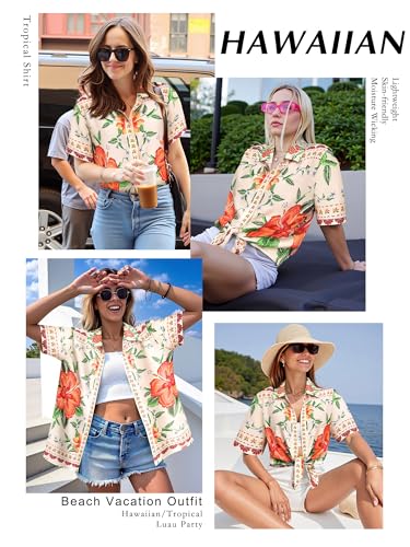 51sl1CjRxNL.jpg ???? Womens Hawaiian Shirt Luau Party Tropical Vacation Button Down Shirts Short Sleeve Beach Hawaii Floral Print Top