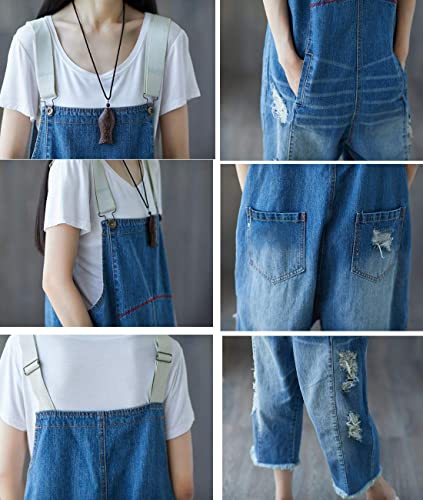 51tr-4ezmUL.jpg Women Casual Loose Cropped Denim Jumpsuits Rompers Jeans Overalls Distressed Ripped Fringed/Pockets P49