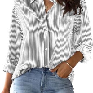 Grade 4 Wrinkle-Resistant Women's Button Down Shirts Striped Long Sleeve Collared Blouses Tops with Pocket
