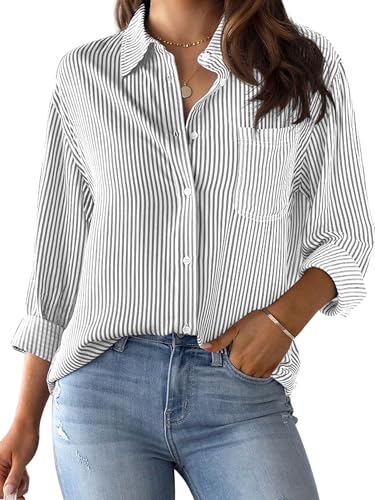 51ufaDFUHQL.jpg Grade 4 Wrinkle-Resistant Women's Button Down Shirts Striped Long Sleeve Collared Blouses Tops with Pocket