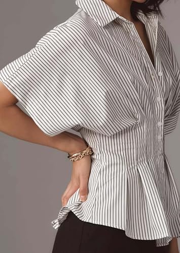 51urfQzhsLL.jpg Striped Button Down Shirts for Women Short Sleeve Pleated Corset Blouse Casual Summer Peplum Dressy Tops
