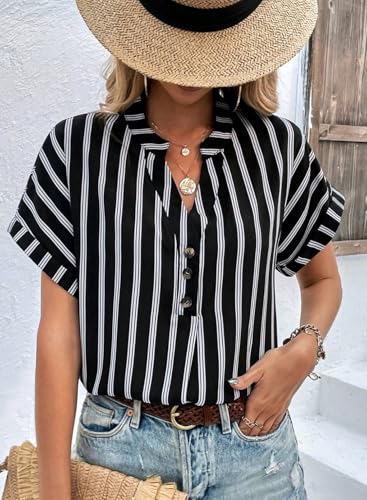51vLfJbRwHL.jpg Womens Shirts Dressy Casual Summer Batwing Sleeve Shirt Trendy V Neck Button Down Striped Tops and Blouses
