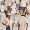 Women Linen Button Down Shirt Rolled Cuffed Short Sleeve Blouse Ladies Summer Casual V Neck Beach Cotton Tops