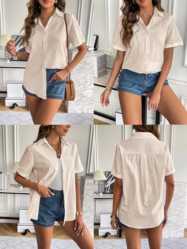 Women Linen Button Down Shirt Rolled Cuffed Short Sleeve Blouse Ladies Summer Casual V Neck Beach Cotton Tops