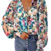 51wALa-wgnL.jpg Women's Floral Blouses Dressy Casual V Neck Button Down Shirts Lantern Long Sleeve Boho Chiffon Fall Tops 2025