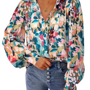 51wALa-wgnL.jpg Women's Floral Blouses Dressy Casual V Neck Button Down Shirts Lantern Long Sleeve Boho Chiffon Fall Tops 2025