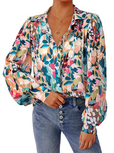 51wALa-wgnL.jpg Women's Floral Blouses Dressy Casual V Neck Button Down Shirts Lantern Long Sleeve Boho Chiffon Fall Tops 2025