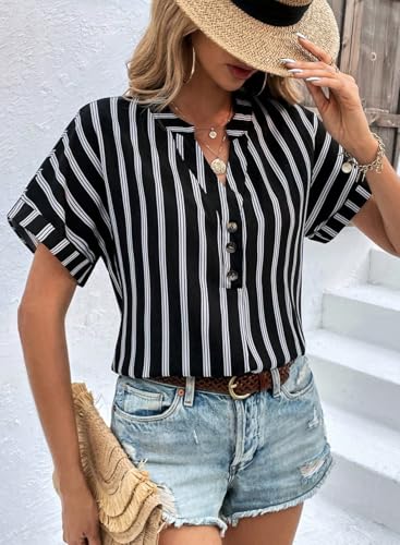 51xWPFYAQxL.jpg Womens Shirts Dressy Casual Summer Batwing Sleeve Shirt Trendy V Neck Button Down Striped Tops and Blouses