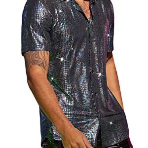 51yOaa00L9L.jpg Men's 70s Sparkly Disco Top Crocodile Pattern Metallic Rave Button Down Shirt Short Sleeve Party T Shirt