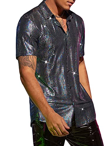 51yOaa00L9L.jpg Men's 70s Sparkly Disco Top Crocodile Pattern Metallic Rave Button Down Shirt Short Sleeve Party T Shirt
