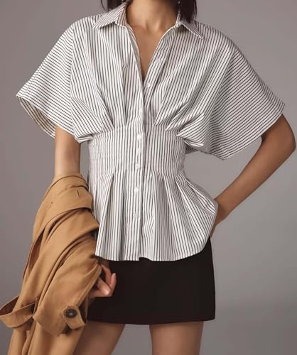 51zCNno8MpL.jpg Striped Button Down Shirts for Women Short Sleeve Pleated Corset Blouse Casual Summer Peplum Dressy Tops