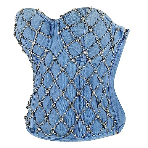 6199jvkGdiL.jpg Women's Denim Rhinestone Corset Top Sexy Club Party Jean Bodysuit