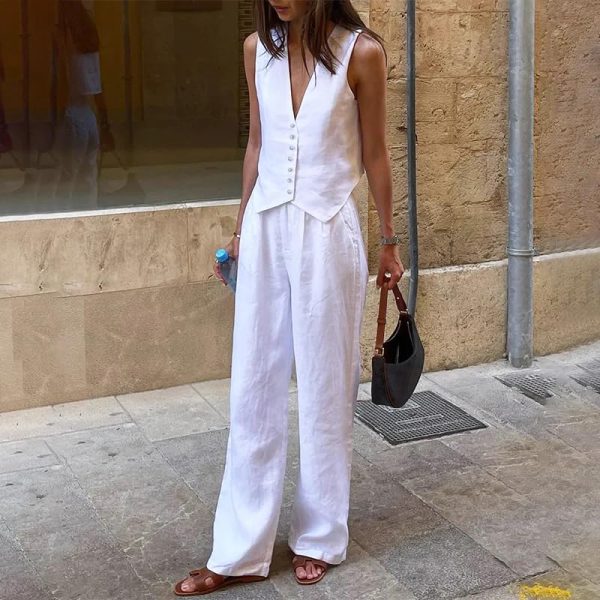 61BHuUWH6IL.jpg Retro Linen Women Suits Blue Sleeveless Button Vest Tops Wide Leg Pants Sets 2 Pieces Outfits Femme