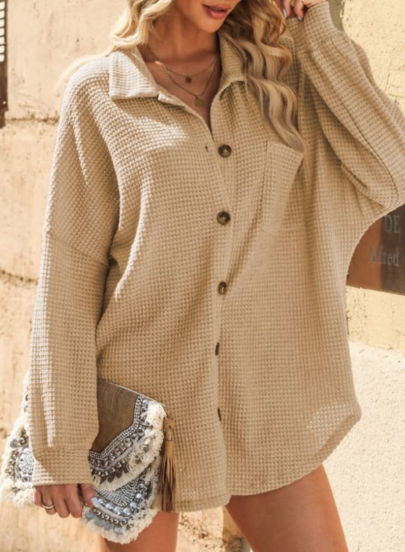 61Ll-DQsNOL.jpg Womens Waffle Knit Shacket Jacket Casual Long Sleeve Button Down Shirts Dressy Blouses Tops