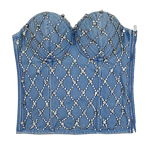 61SMPtdD-SL.jpg Women's Denim Rhinestone Corset Top Sexy Club Party Jean Bodysuit