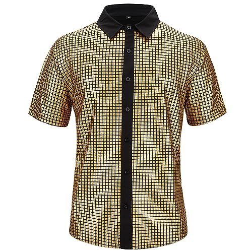 61fjei9U19L.jpg Mens 70S Disco Outfits Sequin Shirt Short Sleeve Button Down Shirts Party Novelty Shirts Nightclub Christmas Prom Costume