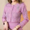 61g9Y2oGk5L.jpg Women's Two-Piece Jacquard Dress Set, Pink Floral Pattern, Long Sleeve Cropped Jacket with Brooch, Midi A-Line Skirt