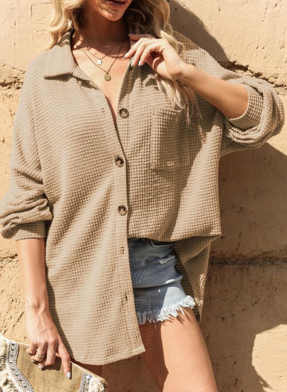 61gIRM9uO1L.jpg Womens Waffle Knit Shacket Jacket Casual Long Sleeve Button Down Shirts Dressy Blouses Tops