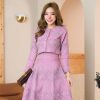 61jLw1mSYTL.jpg Women's Two-Piece Jacquard Dress Set, Pink Floral Pattern, Long Sleeve Cropped Jacket with Brooch, Midi A-Line Skirt