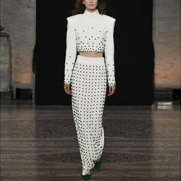 61rEFqSyDrL.jpg Women's Skirt Suit Spring Autumn Cropped Stand Collar Long Sleeve Top Slim Fit Skirt 2 Piece Set