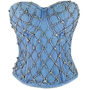 61sISHj2-HL.jpg Women's Denim Rhinestone Corset Top Sexy Club Party Jean Bodysuit