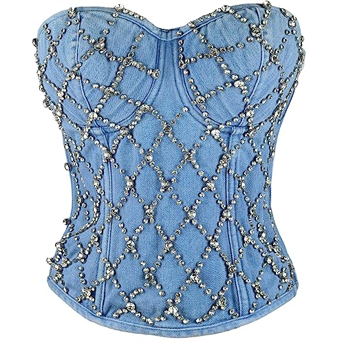 61sISHj2-HL.jpg Women's Denim Rhinestone Corset Top Sexy Club Party Jean Bodysuit