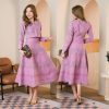 61t7H-fig4L.jpg Women's Two-Piece Jacquard Dress Set, Pink Floral Pattern, Long Sleeve Cropped Jacket with Brooch, Midi A-Line Skirt