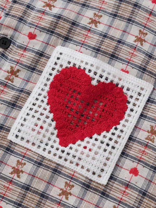 71DpmPV7zFL.jpg Cut-Out Heart Short Sleeve Shirt Collar Button Down Plaid Casual Tshirt Tops