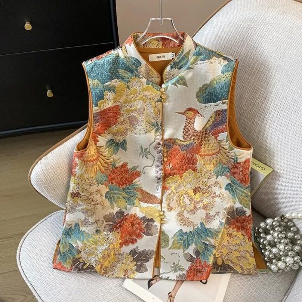 Chinese Style Traditional Vest Sleeveless O-Neck Coat Embroider Tops Women Retro Tang Suits Jacket
